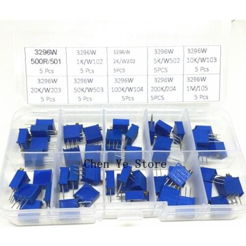 50pcs 3296W 104 102 Multiturn Trimmer Potentiometer Kit High Precision 3296 Variable Resistor With Free Box electronic diy kit