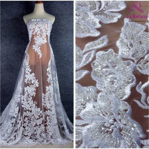 La Belleza 2019 New heavy beaded lace fabric PURE WHITE beaded wedding dress lace fabric 1 yard