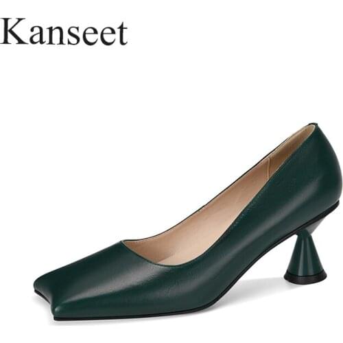 Kanseet New Women Pumps Fashion Design Spring Autumn Office Lady Genuine Leather Handmade Mature Footwear Shallow High Heel Shoe