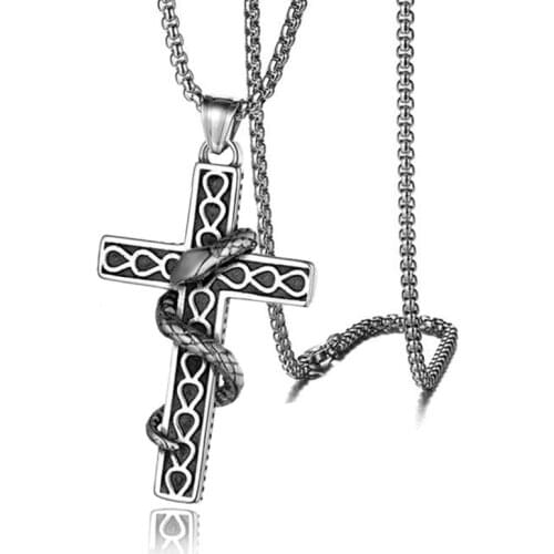 Mens Fashion Titanium Steel Snake Cross Pendant Necklace Motorcycle Party Gothic Punk Snake Chain Necklace Hip Hop Jewelry