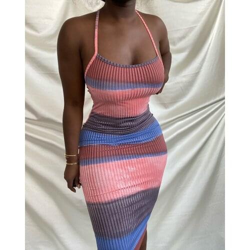 CHRONSTYLE Off Shoulder Back Criss-cross Summer Dress 2021 Sexy Low Cut Sleeveless Strap Striped Bodycon Mid-length Pencil Dress