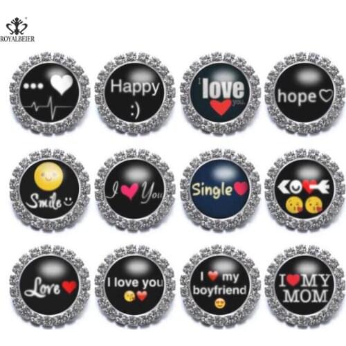 ROYALBEIER 12pcs/lot 18mm Mix Blessing Word Round Copper Base Glass Beads Rhinestone Snap Bracelets Women Jewelry Wholesale