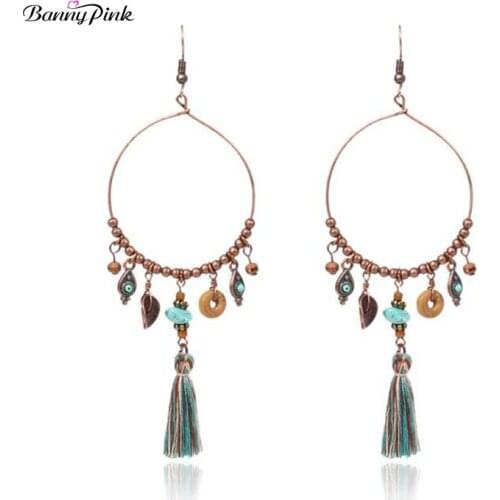 Banny Pink Bohemia Tassel Earrings For Women Ethnic Alloy Charms Dangle Earrings Chunky Round Pendant Drop Earrings Pendientes