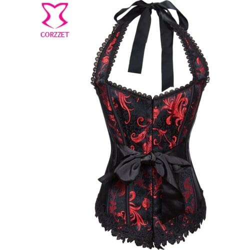 Sexy Embroidered Brocade Red and Black Corset Bustier Halter Tops Gothic Clothing Burlesque Corsets Women Espartilho E Corselets