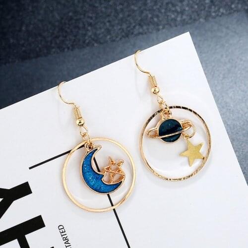 Korean Lovely Blue Enamel Drop Earrings Asymmetric Universe Planet Star Moon Long Dangle Earrings For Women Jewelry Gift