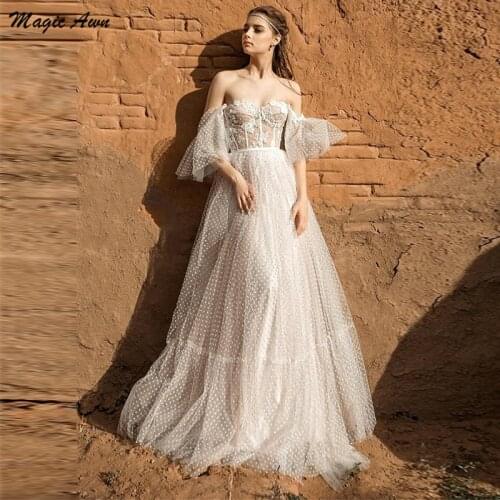 Magic Awn Bohemian Off The Shoulder Wedding Dresses Polka Dots Tulle Lace Appliques Illusion Country Bridal Gowns Lace-Up Back