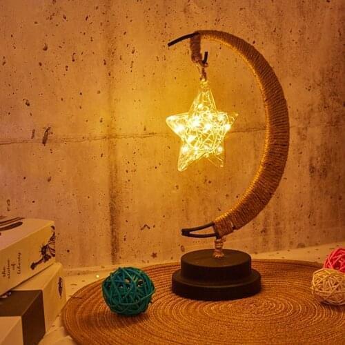 Led Lamp Stars Moon Light Rattan Ball Christmas Lights Children Birthday Gift Handmade Hemp Rope USB Wrought Iron Night Light