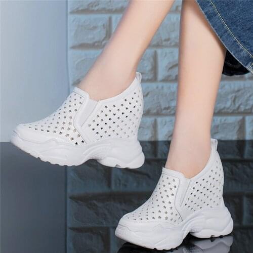 2021 Summer Pumps Shoes Women Hollow Genuine Leather Wedges High Heel Ankle Boots Female Round Toe Fashion Sneakers Casual Shoes
