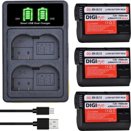 3Pcs Battery + LED Dual USB Charger for EN-EL15 EN-EL15A Battery and Nikon D600 D610 D750 D800 D810 D850 D7000 D7100 D7200 1 v1