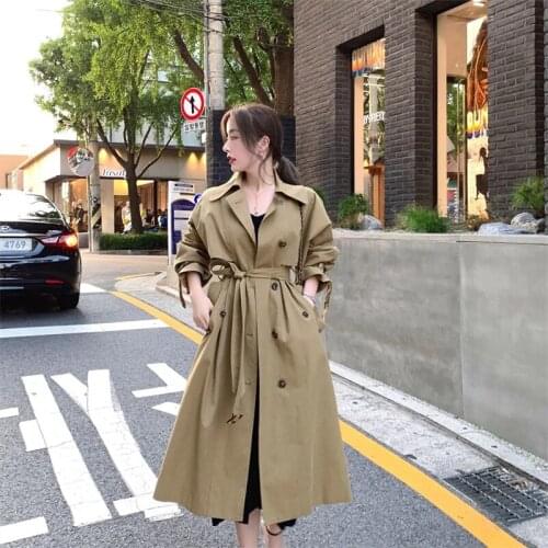 Female Khaki Windbreaker Women 2021 Women New Mid-length Temperament British Style Tie Waist Casual Jacket Over-the-knee Coat 94
