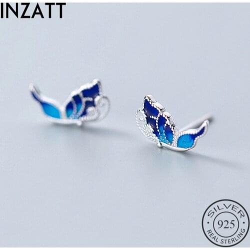 INZATT Real 925 Sterling Silver Blue Enamel Butterfly Stud Earrings For Fashion Women party Fine Jewelry Cute Accessories Gift