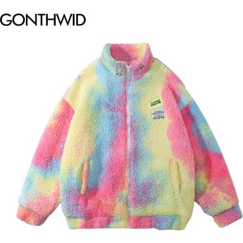 GONTHWID Harajuku Streetwear Fleece Jackets Rainbow Tie Dye Full Zipper Coats Hip Hop Fashion Casual Loose Winter Jacket Tops
