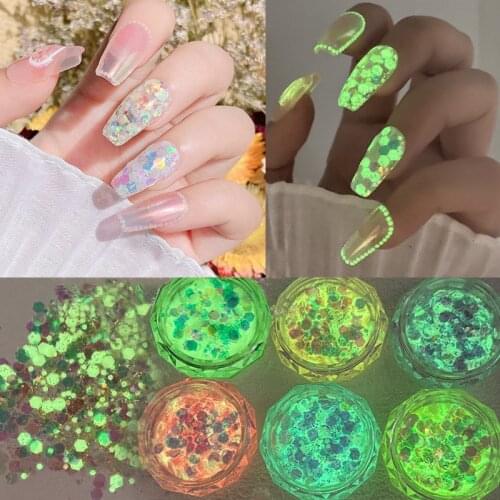 1 Box Luminous Nail Glitter Neon Hexagon Fluorescent Flake Glow in the Dark Sequin Nails Art Decorations Manicure Accessories