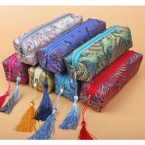 Tassel Wave Long Fabric Zipper Pouch Bag Silk Brocade Necklace Jewelry Packaging Bag Cosmetic Makeup Pencil case 10pcs/lot