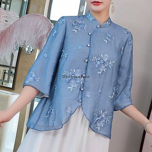 2021 chinese traditional qipao blouse flower embroidery improved tang clothing women asian blouse cheongsam qipao tang blouse