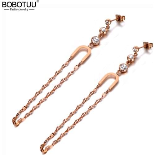 BOBOTUU Titanium Stainless Steel CZ Crystal Tassel Earrings Trendy Long Chain Party Dangle Earrings Jewelry For Women BE19317