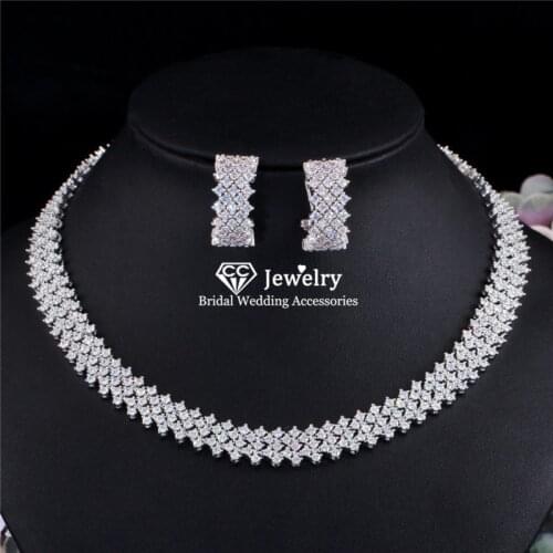 CC Wedding Jewelry Set Elegant Necklace Stud Earrings for Women Engagement Accessories Brides Silver Pendant Luxury Gift T0186