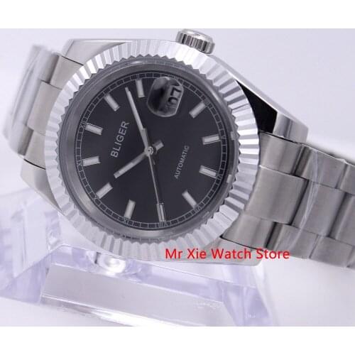 Bliger 40mm Automatic Mechanical Mens Watch Luxury Calendar Luminous Waterproof Sapphire Glass Stainless Steel Wristwatch Men