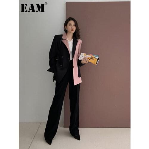 [EAM] Women Black Contrast Color Big Size Blazer New Lapel Long Sleeve Loose Fit Jacket Fashion Tide Spring Autumn 2021 1W482