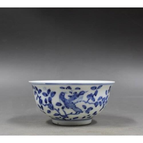 Antique MingDynasty porcelain bowl,blue & white flower and bird tea bowl ,Hand-painted crafts,Collection&Adornment,Free shipping
