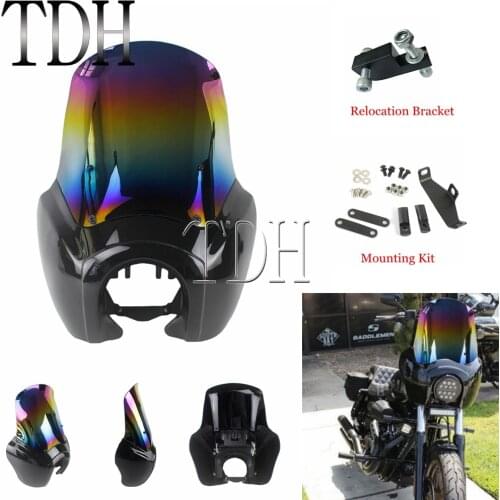 Iridium Motorcycle Tall Fairing 15'' Wind Screen Windshield Black Headlight Mask Cover For Harley Dyna Fat Bob FXR FXD 1987-2017