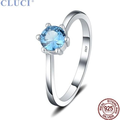 CLUCI Authentic 925 Sterling Silver Round Blue Zircon Classic Six Claws Finger Ring for Women Wedding Jewelry Ring DR1061SB
