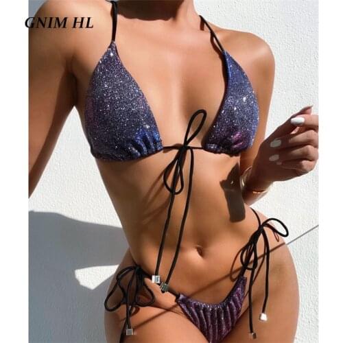 Sexy Shiny String Bikini Set 2021 Bandage Swimwear Women Two Pieces Triangle Brazilian Swimsuit Female Solid Micro Bather Suit