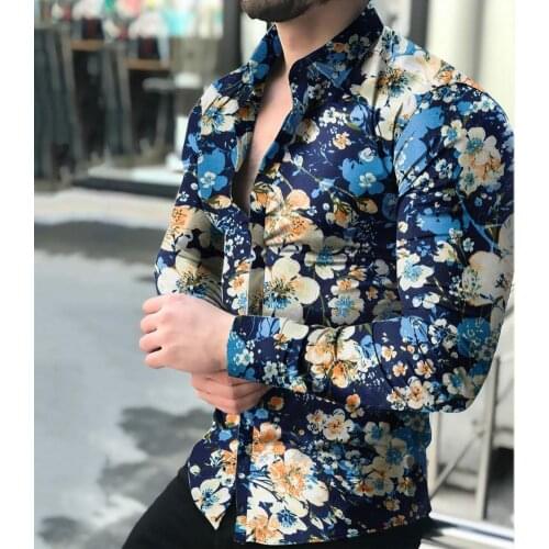 Summer Men Shirt Polyester Floral Print Buttons Summer Long Sleeve Lapel Top Party Button Shirts Men Fashion Casual Streetwear