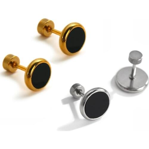 Lifefontier Punk Black Enamel Stainless Steel Stud Earrings for Women Men Gold Silver Color Round Small Earrings Jewelry 2021