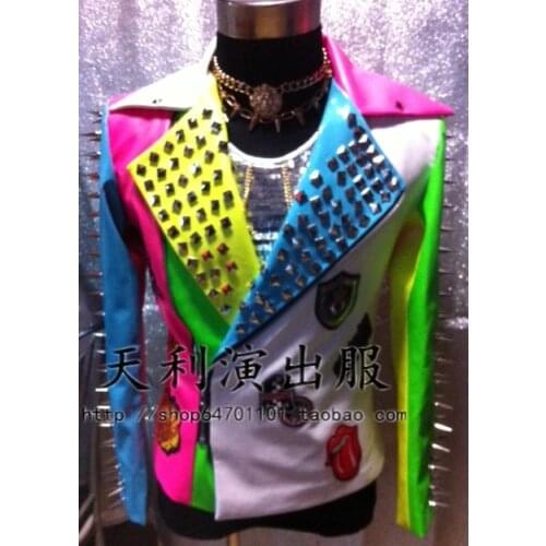 New 2021 Mens Clothing Fluorescent Color Stitching Locomotive Rivet Leather Jacket Coat Punk Stage Men Singer Costumes