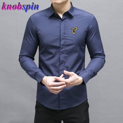 Brand Quality 100% pure Cotton Shirt men 2019 New Embroidery Slim Chemise homme Solid color Long sleeve men shirts Camisas