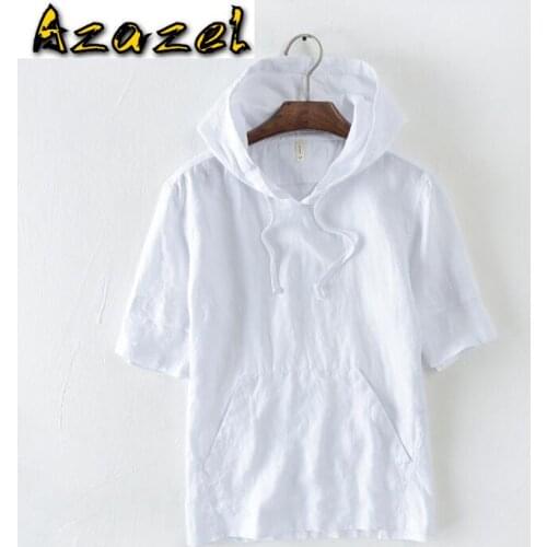 Azazel 2020 Summer New Mens 100% Linen Shirts Men Short sleeve Hoodie male tops Mens Fashion Casual Breathable Shirt M-3XL