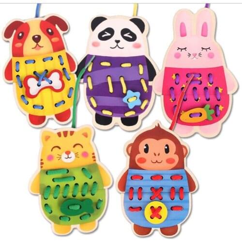 Montessori Education Wooden 5 Kinds Wear The Button Wooden Toys Threading Board Beaded Blocks Child Birthday Gif 108