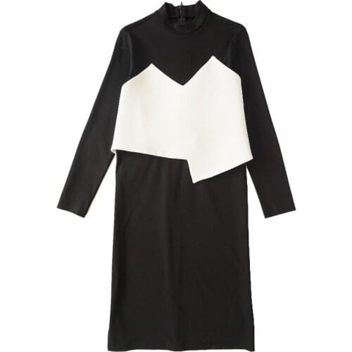 PERHAPS U Woman Elegant Black White Office Lady Stand Collar Long Sleeve Knee Length Work Dress D0781