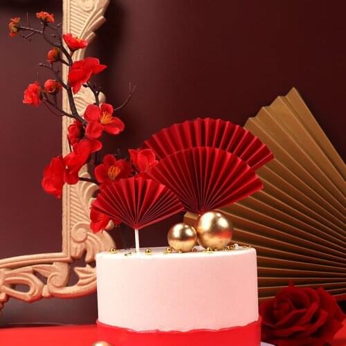 Chinese style birthday cake decoration red folding fan plum blossom card plug-in birthday party baking dessert table dress up