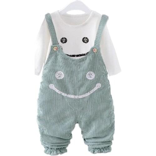 Spring Autumn Baby Girl Clothes Smiley Long-Sleeve T-shirt+Rompers 2 Piece Set Toddler Fashion Suit Baby Boy Clothes 0-4 Years