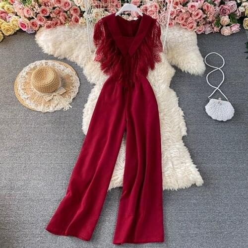 Womens jumpsuit fashion lace stitching jumpsuit 2021 summer new temperament V-neck high waist casual wide-leg trousers jumpsuit