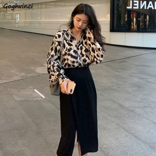 Women Sets Turn-down Collar Leopard Long Sleeve Loose Shirts Side-slit Mid-calf Skirts Plus Size 3XL Sexy Office Lady Trendy New