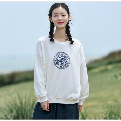 Johnature Women Embroidery Floral Pullover Sweatshirt O-Neck Long Sleeve 2021 Autumn New Terry Soft Women Casual Sweatshirts