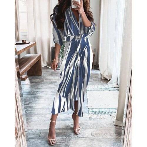 Summer V-neck Button Printed Dress 2021 Spring and Autumn White Long Skirt Fashion Lace-up Skirt XL Womens Long Sleeve Dress