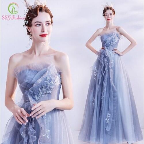SSYFashion New Light Blue Evening Dress Sexy Strapless A-line Floor-length Sequins Appliques Formal Gowns for Women Vestidos