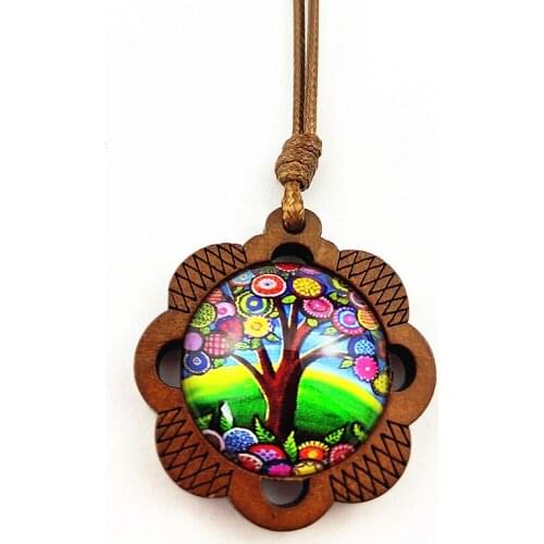 1pc Bohemian style necklace with tree of life glass Cabochon Hollow flower shaped wooden pendant adjustable necklace for girls