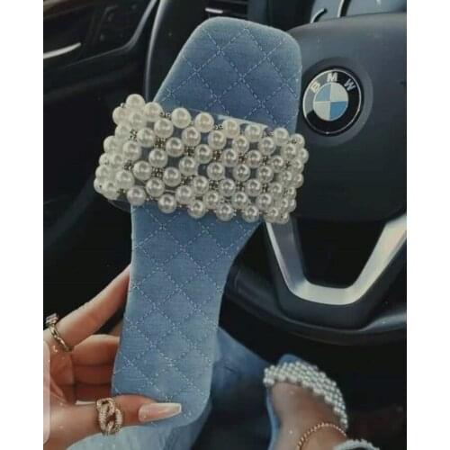 2021 Summer New Pearl String Bead Slippers Womens Flat Sandals Beach Shoes Casual Slippers Female Womens pearl Shoes