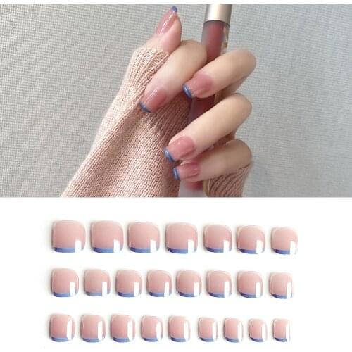 24pcs/box Blue-edged French Simple Wear fake nails press on Finished Patch full cover Mid-length size False Nails with glue