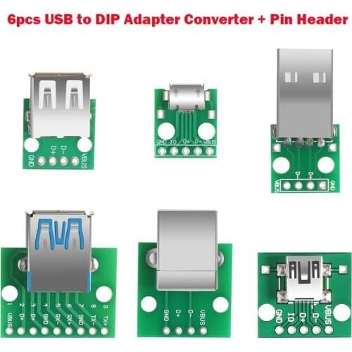 6pcs USB to DIP Adapter Converter Mini / Micro USB Female, 2.54mm 4p USB Male USB 2.0 3.0 Female USB Type B Square Interface