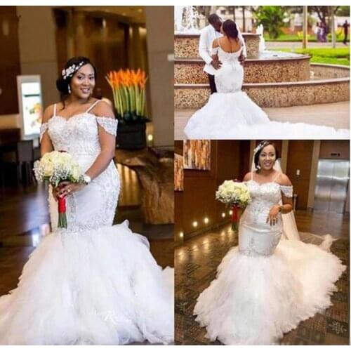 African Sequin Lace Vintage Mermaid Wedding Dresses 2023 Long train Puff Skirt Crystal Beads Plus Size Bridal Gowns