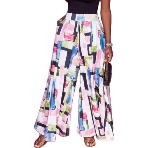 Womens Fashion Wide Leg Long Casual Summer Flare High Waist Loose Culotte Printed High Quality Trousers High Street Dashiki