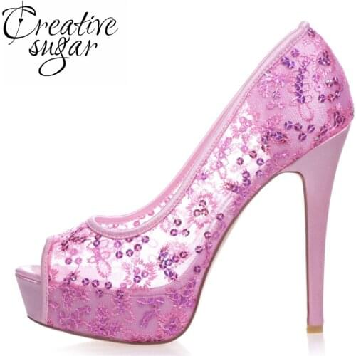 Creativesugar Sexy high heel see through lace sequins stiletto open toe woman dress shoes wedding party prom sky blue hotpink