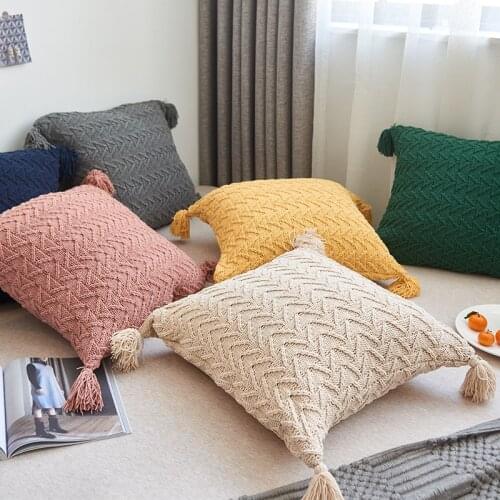 Shabby Chic Cushions Solid Color Striped Pillow Cover Nordic Knitted Tassel Square Bedroom Living Room Cushion Cover