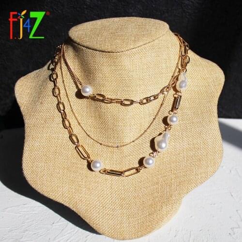 F.J4Z Trendy Multi-layer Necklaces for Women Baroque Irregular Simulated Pearl String Chain Collar Necklace Jewelry Gifts